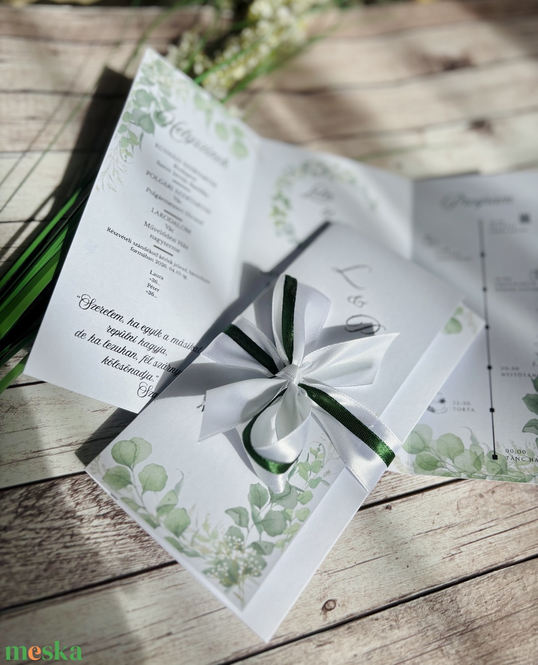 Eukaliptuszos zöld leveles esküvői meghívó - esküvő - meghívó & kártya - meghívó - Meska.hu