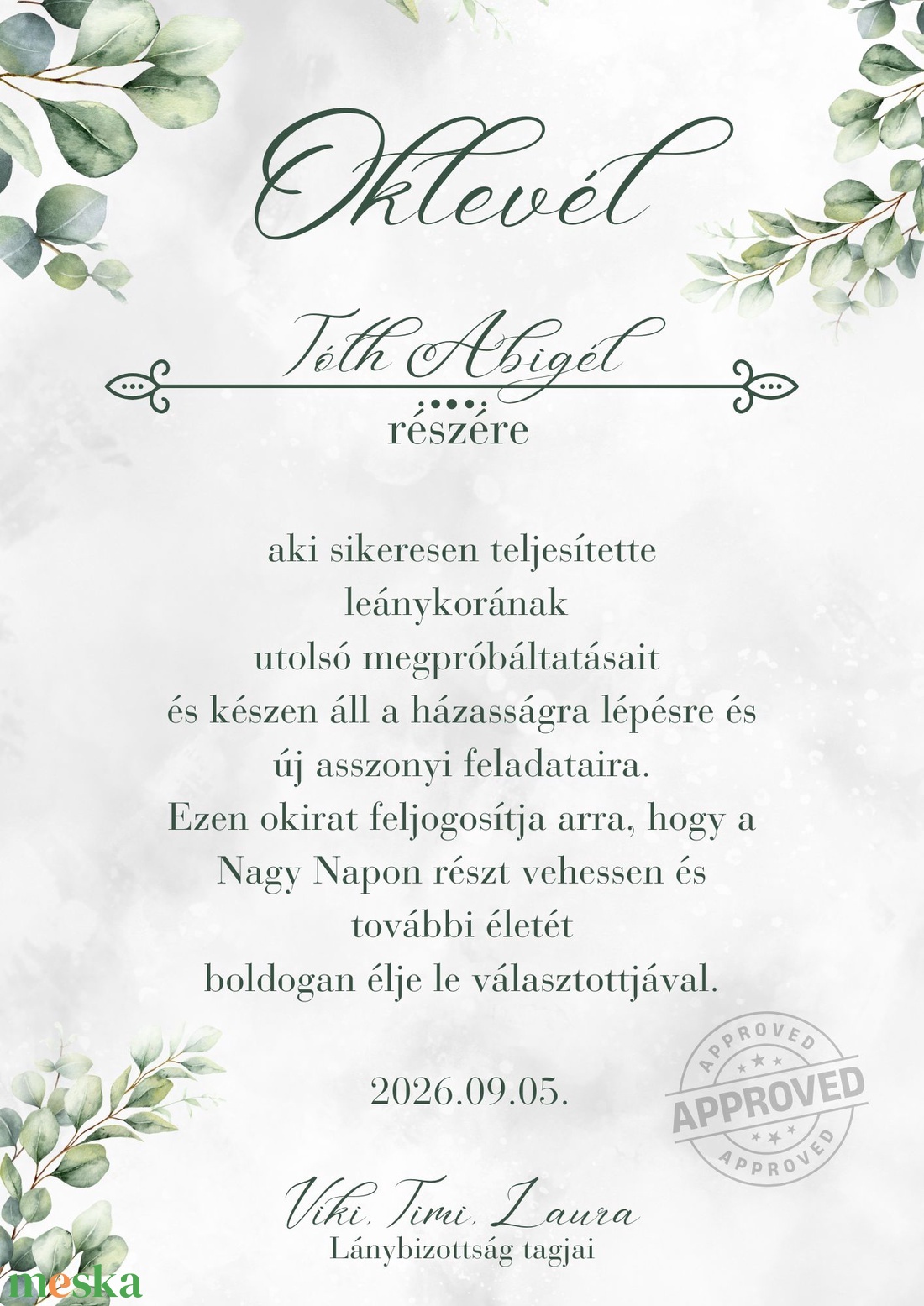 Lánybúcsú oklevél - esküvő - lánybúcsú - Meska.hu