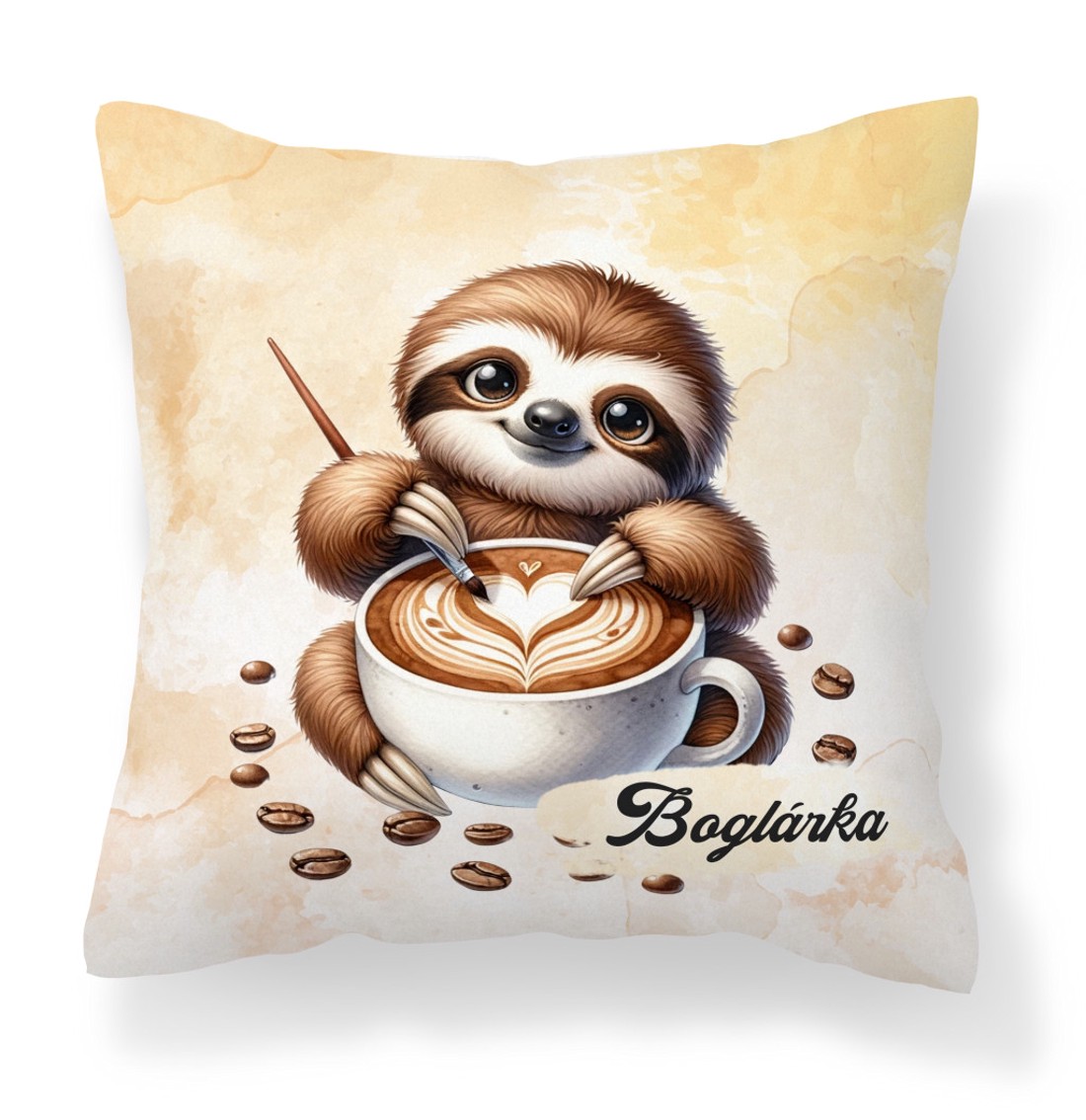 Névvel kérhető - Kávés lajhár és a szíves cappucino mintás párna - otthon & életmód - lakástextil - párna & párnahuzat - díszpárna (belsővel együtt) - Meska.hu