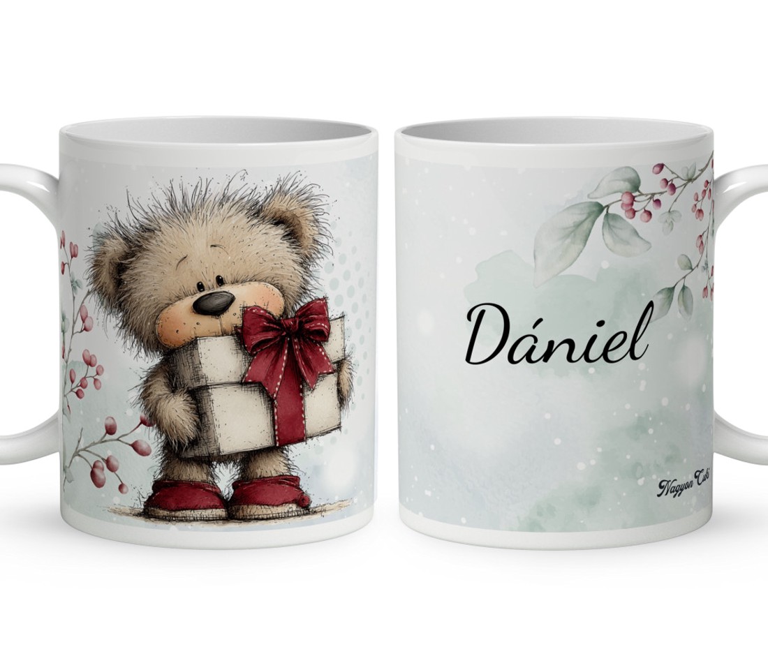 Névvel kérhető - Cuki téli maci ajándékkal mintás bögre - otthon & életmód - konyhafelszerelés, tálalás - tálalás - bögre & csésze - Meska.hu