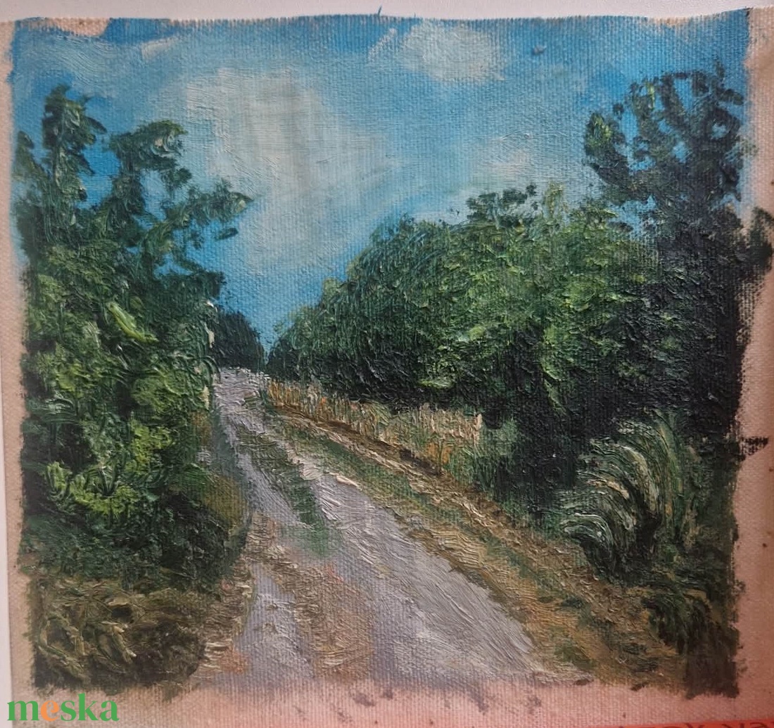 Eredeti, kisméretű olajkép (19 x 18 cm ): Békés vidéki út (Peaceful Country Lane) - művészet - festmény - olajfestmény - Meska.hu