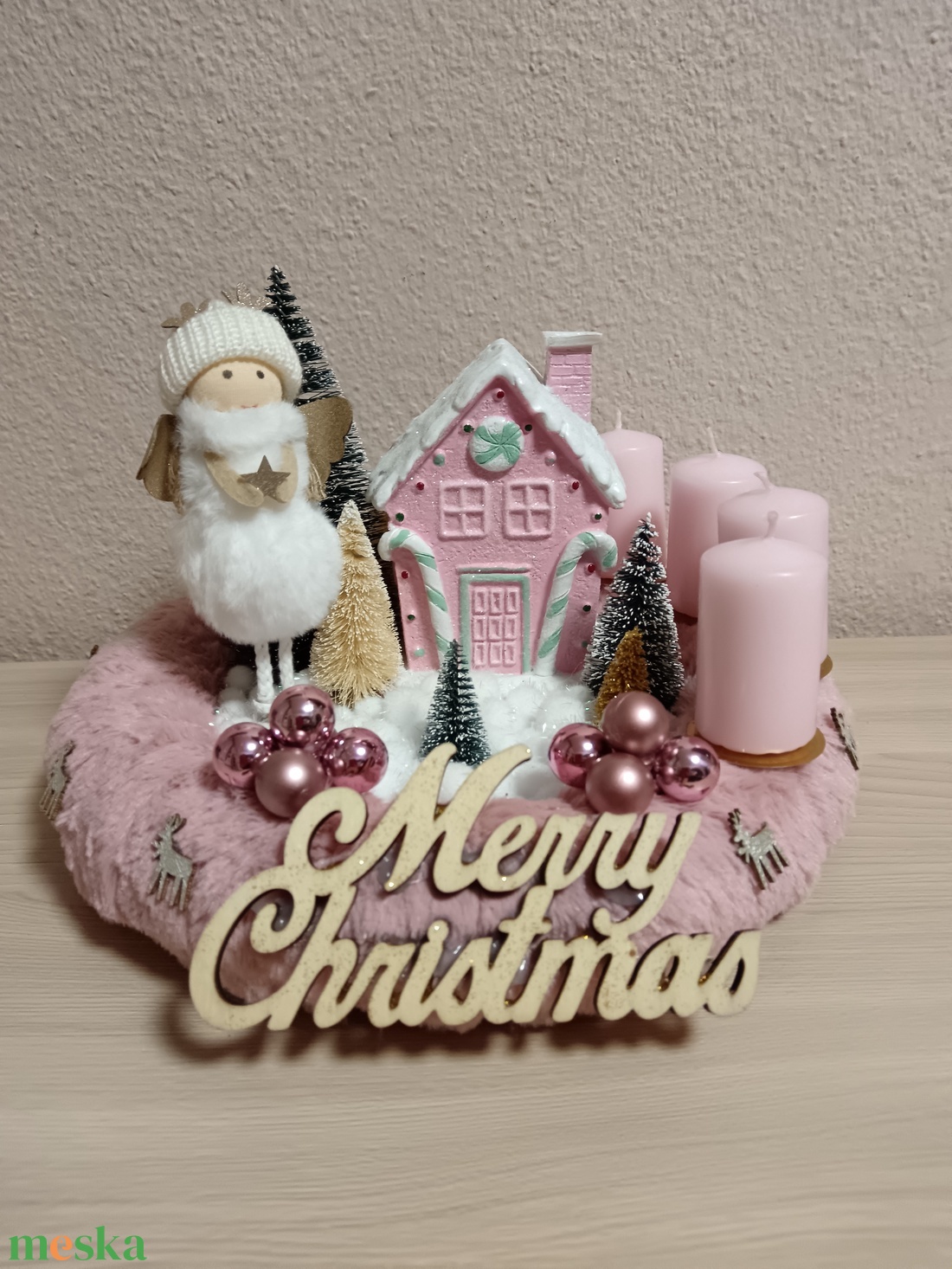 Rózsaszín, angyalkás adventi koszorú - karácsony - adventi díszek - adventi koszorú - Meska.hu