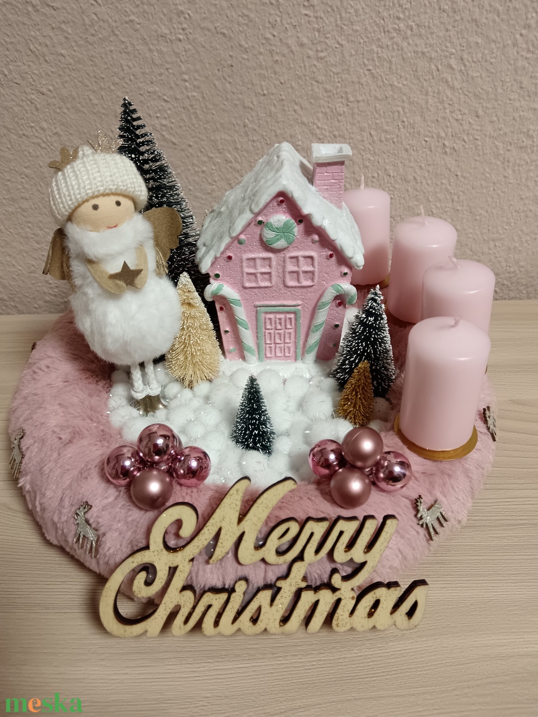 Rózsaszín, angyalkás adventi koszorú - karácsony - adventi díszek - adventi koszorú - Meska.hu
