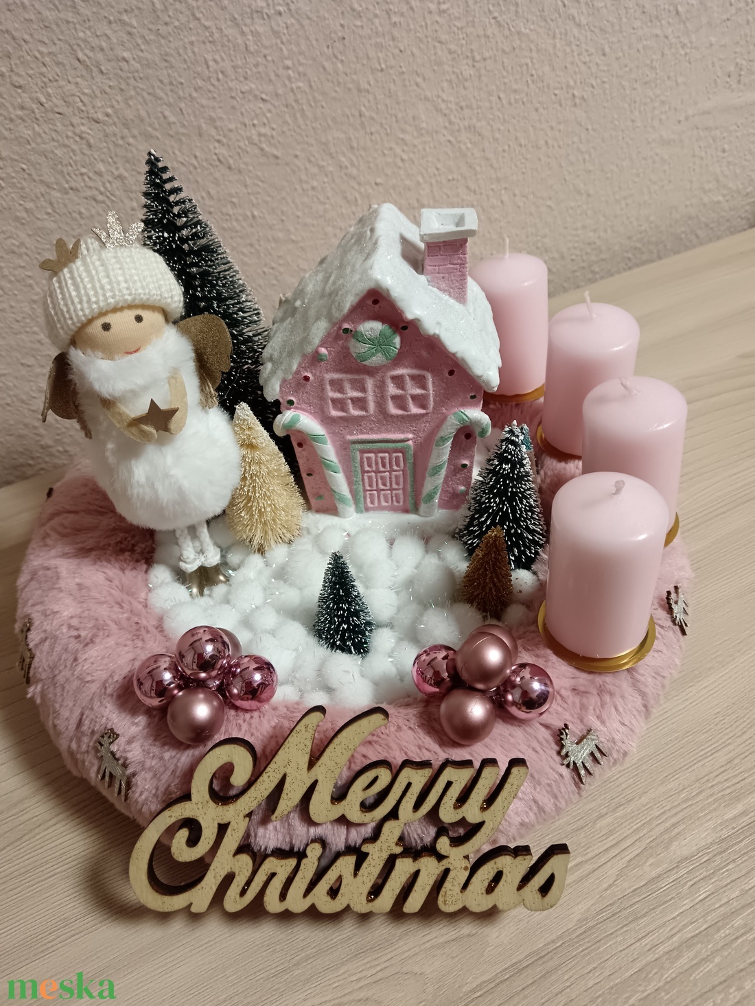 Rózsaszín, angyalkás adventi koszorú - karácsony - adventi díszek - adventi koszorú - Meska.hu
