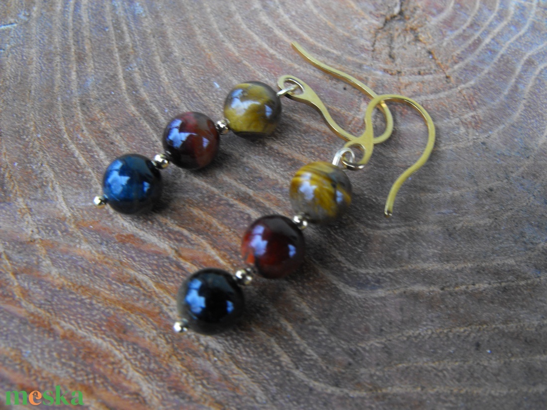 Színes tigrisszem fülbevaló - ékszer - fülbevaló - lógó fülbevaló - Meska.hu