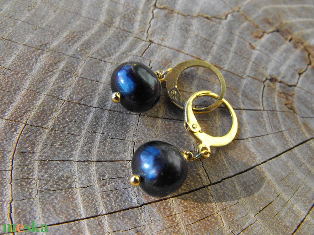 Fekete tenyésztett gyöngy  acél fülbevaló - ékszer - fülbevaló - lógó fülbevaló - Meska.hu
