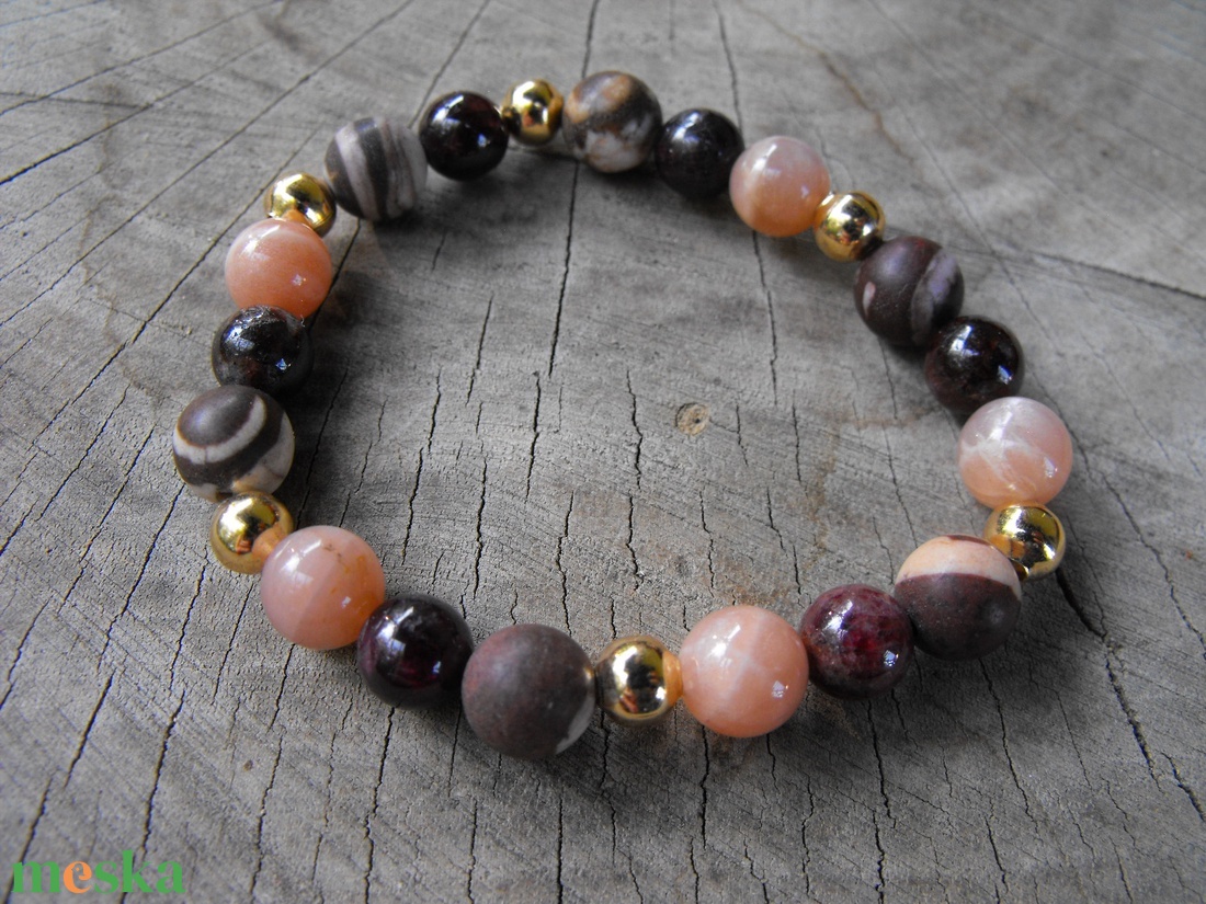 Jáspis , holdkő, gránát gumis karkötő - ékszer - karkötő - gyöngyös karkötő - Meska.hu