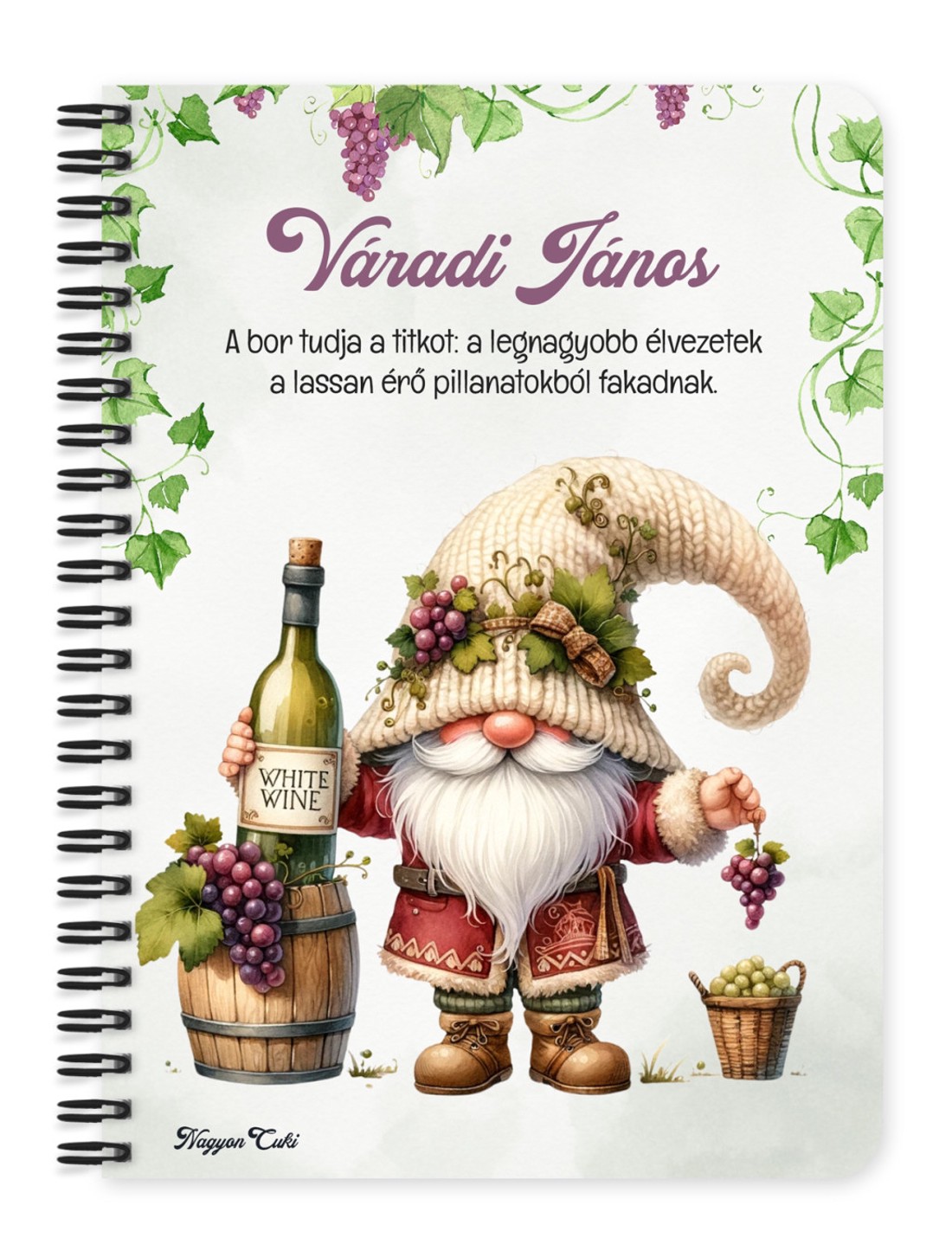 Személyre szabható - A legjobb borász manó és a fehér bor mintás A5-ös füzet - otthon & életmód - papír, írószer - jegyzetfüzet & napló - Meska.hu