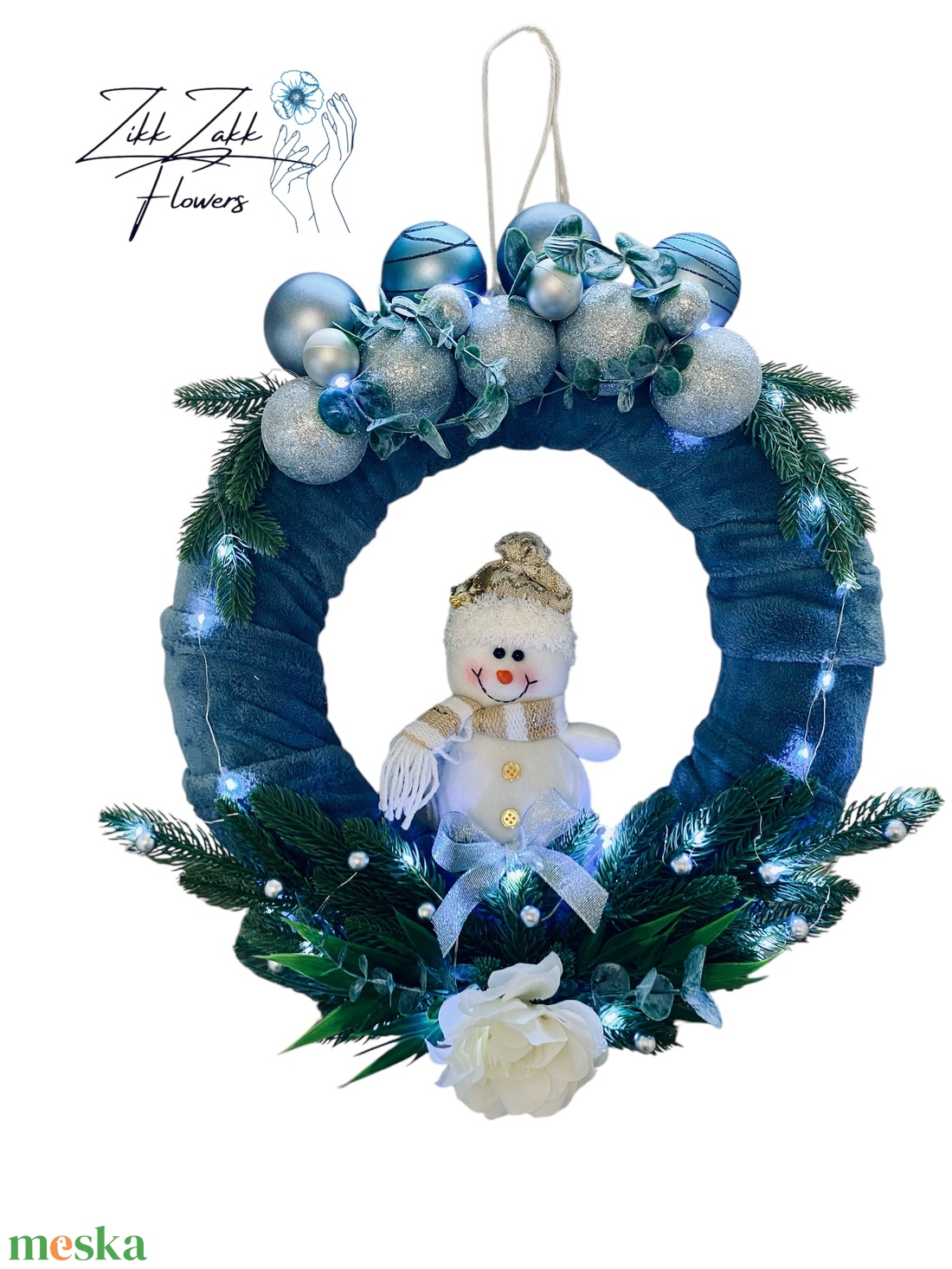 Jégkék Hóember - Ajtódísz  - karácsony - karácsonyi lakásdekoráció - karácsonyi ajtódíszek - Meska.hu