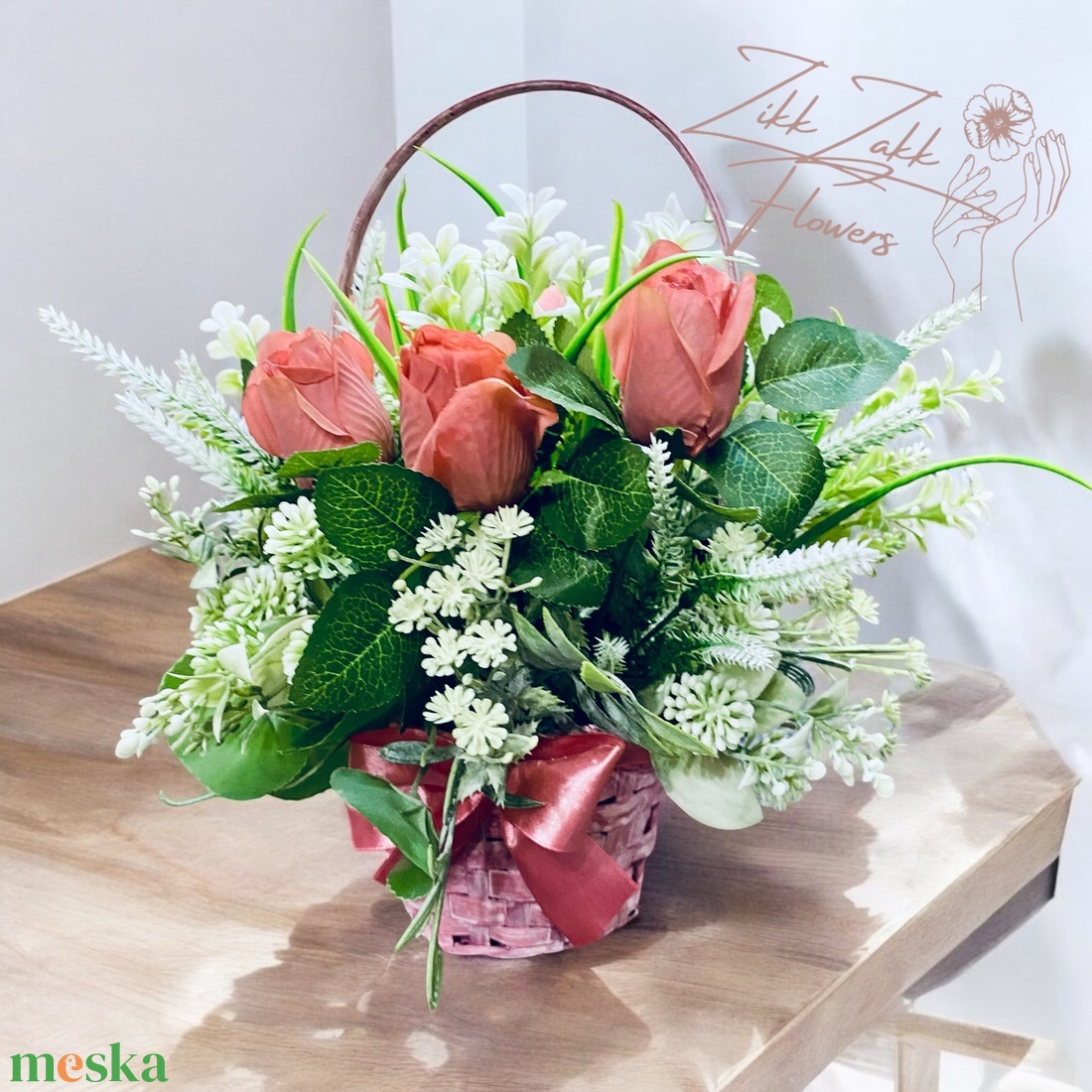 Rózsaszín Rózsa Kosár - otthon & életmód - dekoráció - asztal és polc dekoráció - asztaldísz - Meska.hu