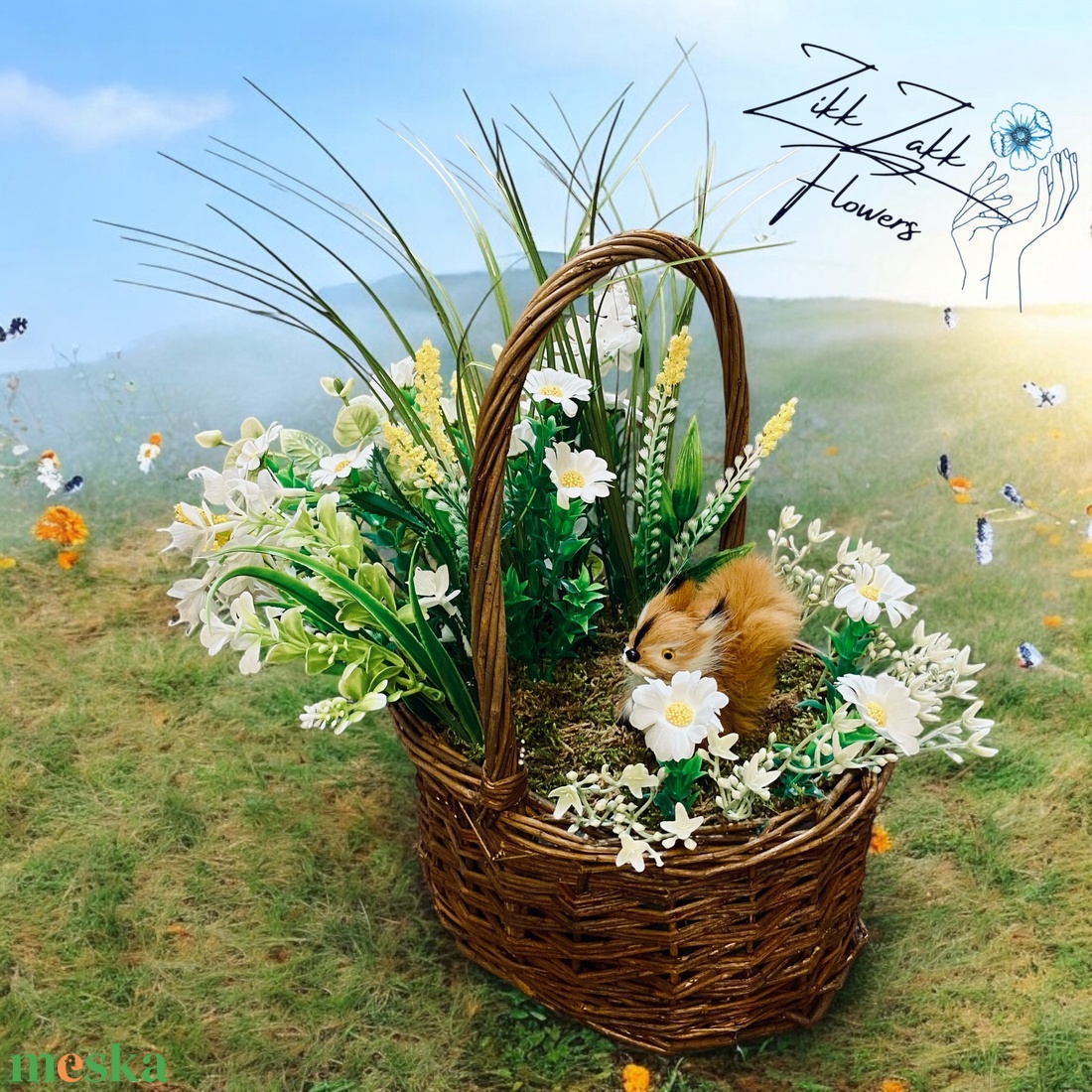 Virágos Mókus Kosár - otthon & életmód - dekoráció - asztal és polc dekoráció - asztaldísz - Meska.hu