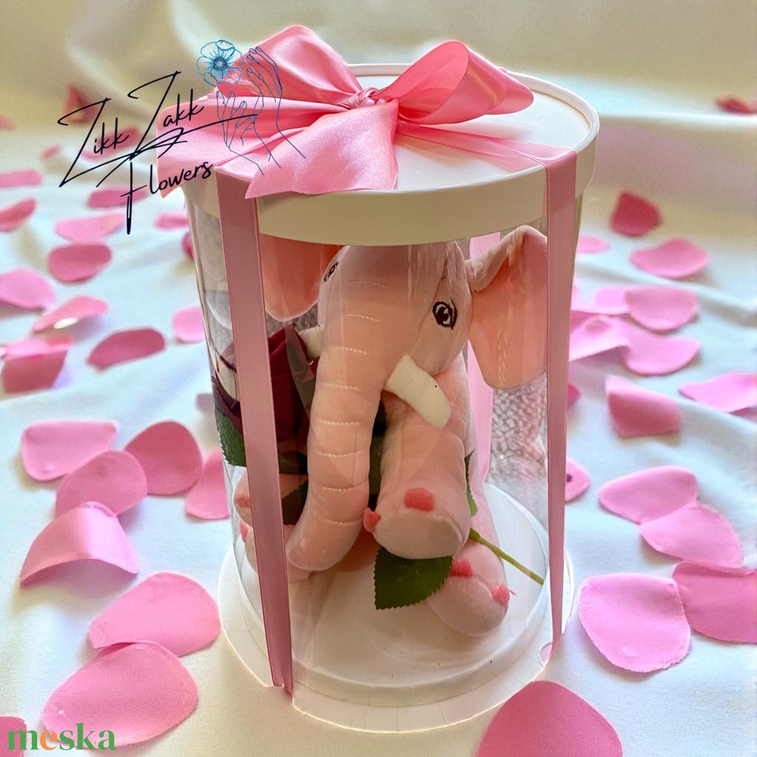 Rózsás ajándékdoboz plüss elefánttal - otthon & életmód - dekoráció - virágdísz és tartó - virágbox, virágdoboz - Meska.hu