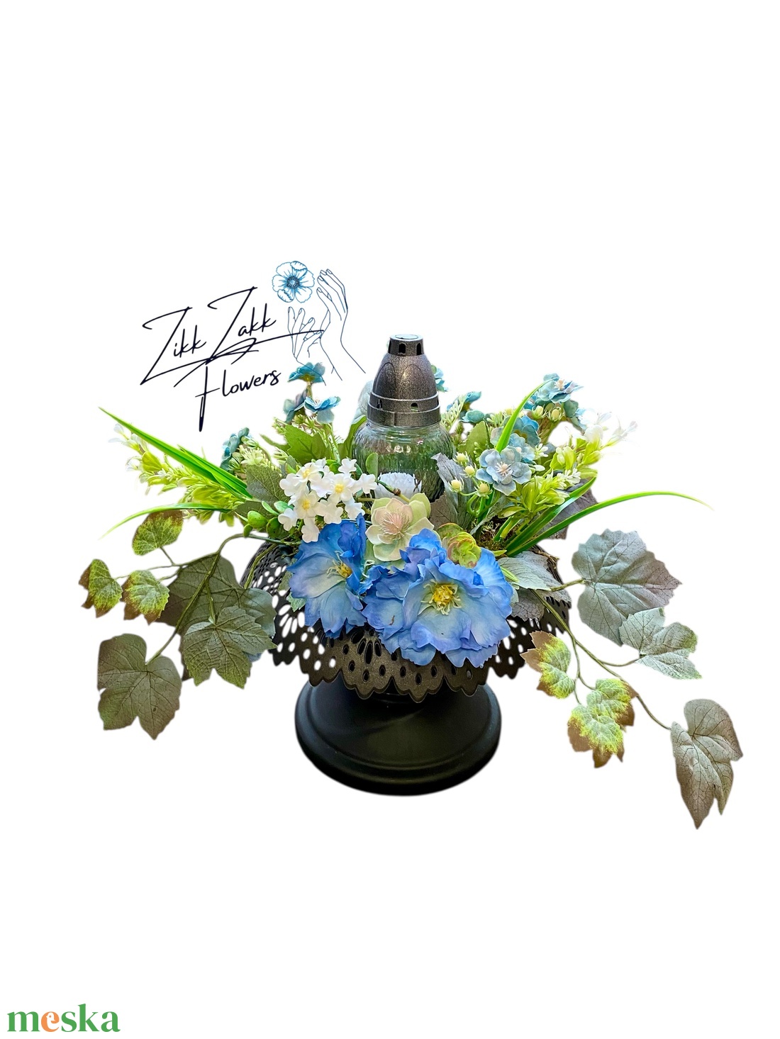 Kék virágdísz mécsessel � elegáns kegyeleti kompozíció - otthon & életmód - vallás - temetkezési tárgy - sírkoszorú, kegyeleti koszorú - Meska.hu