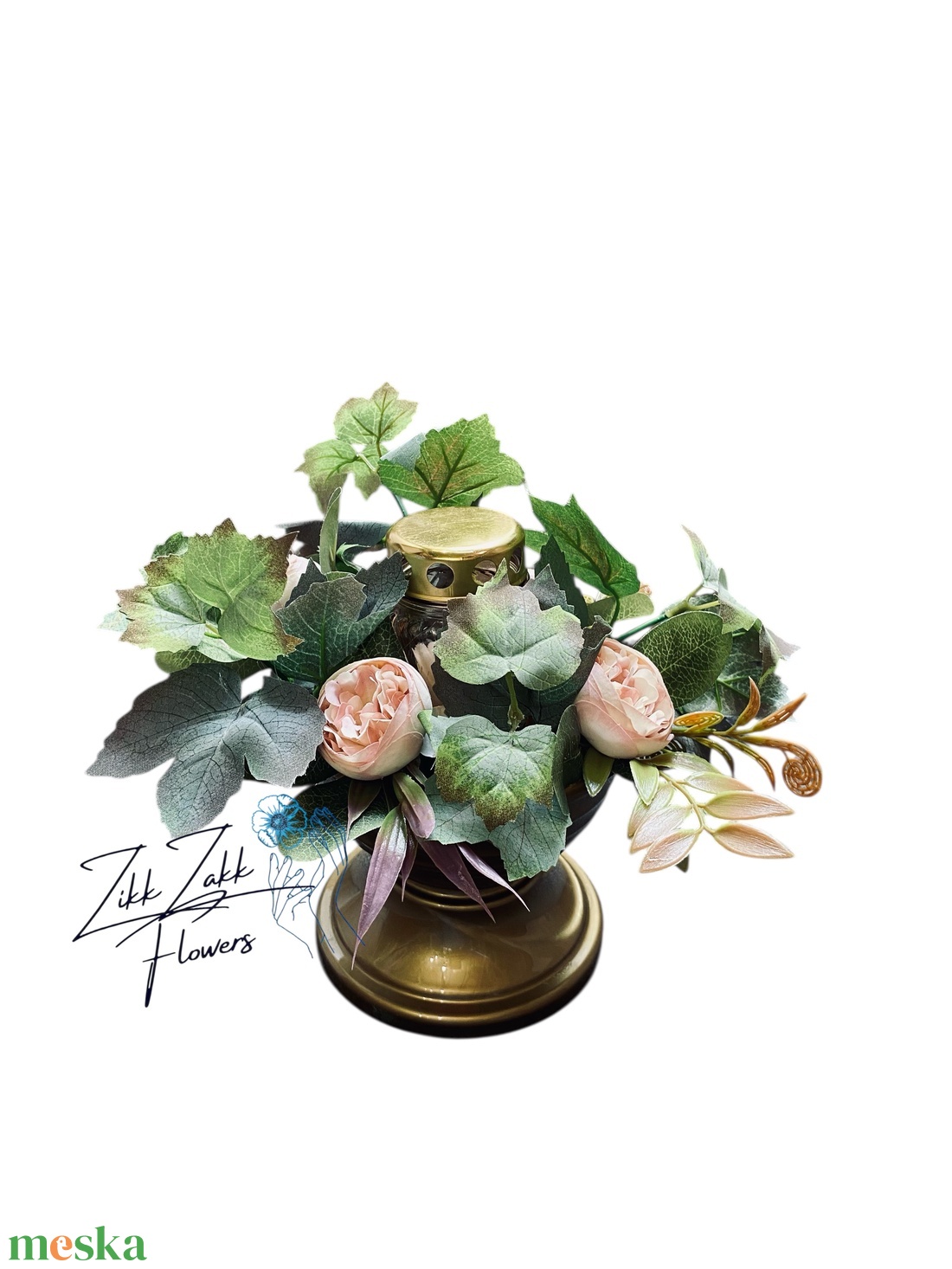 Zöld-barack mécses dísz rózsákkal - otthon & életmód - vallás - temetkezési tárgy - sírdísz, kegyeleti dísz - Meska.hu