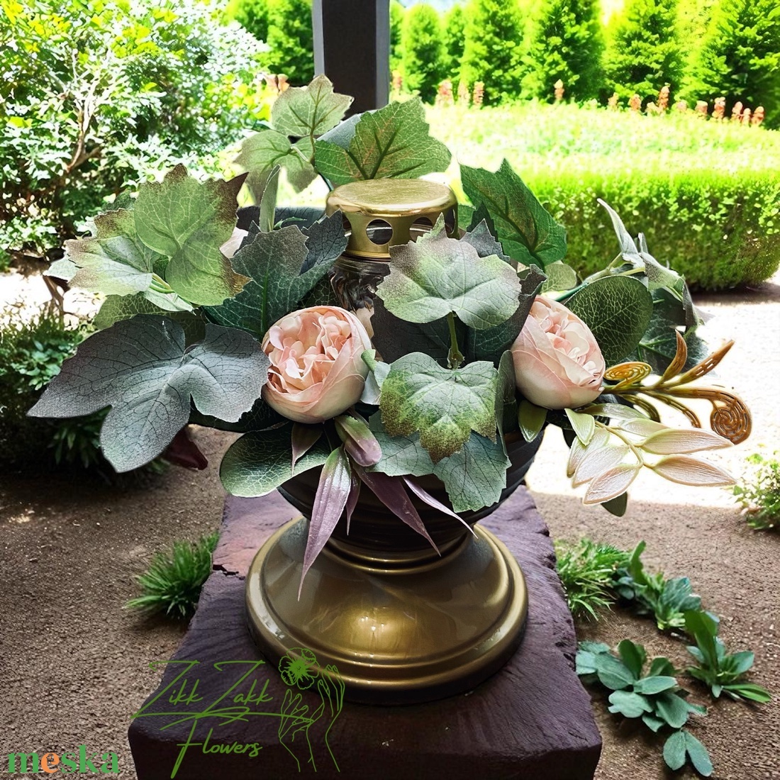 Zöld-barack mécses dísz rózsákkal - otthon & életmód - vallás - temetkezési tárgy - sírdísz, kegyeleti dísz - Meska.hu