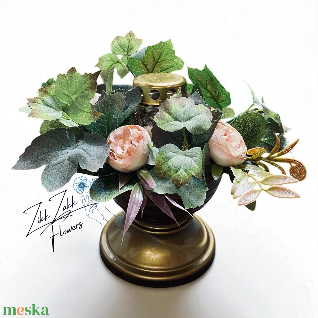 Zöld-barack mécses dísz rózsákkal - otthon & életmód - vallás - temetkezési tárgy - sírdísz, kegyeleti dísz - Meska.hu