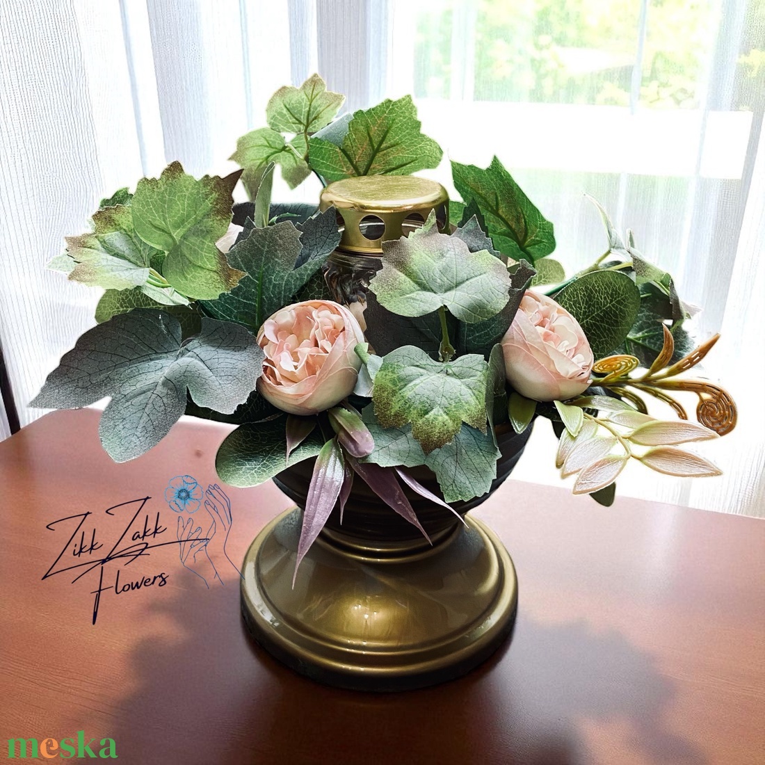 Zöld-barack mécses dísz rózsákkal - otthon & életmód - vallás - temetkezési tárgy - sírdísz, kegyeleti dísz - Meska.hu