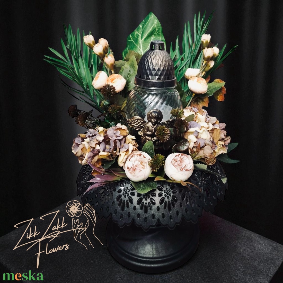 Barna Angyalszárny Mécses kompozíció  Vintage Virágokkal - otthon & életmód - vallás - temetkezési tárgy - temetői gyertyák, mécsesek - Meska.hu