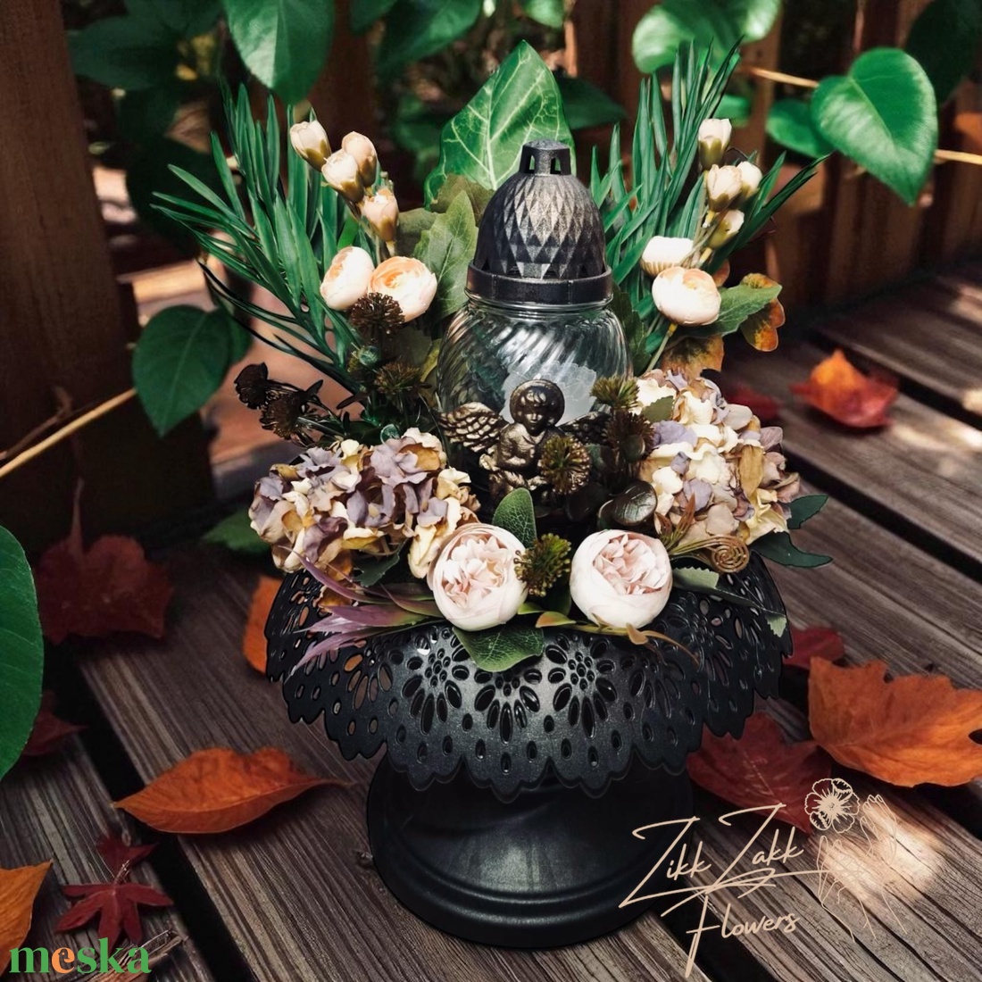 Barna Angyalszárny Mécses kompozíció  Vintage Virágokkal - otthon & életmód - vallás - temetkezési tárgy - temetői gyertyák, mécsesek - Meska.hu