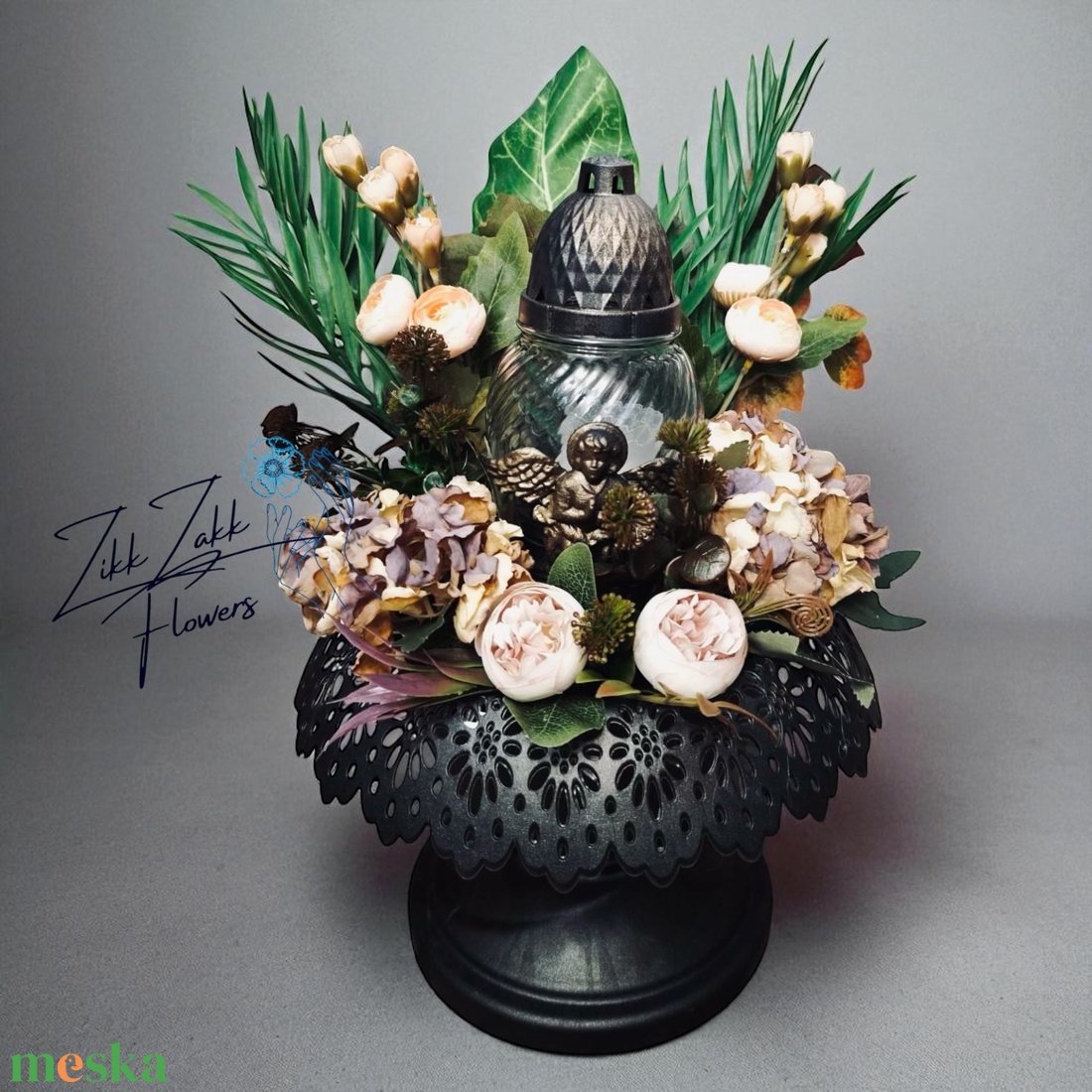 Barna Angyalszárny Mécses kompozíció  Vintage Virágokkal - otthon & életmód - vallás - temetkezési tárgy - temetői gyertyák, mécsesek - Meska.hu