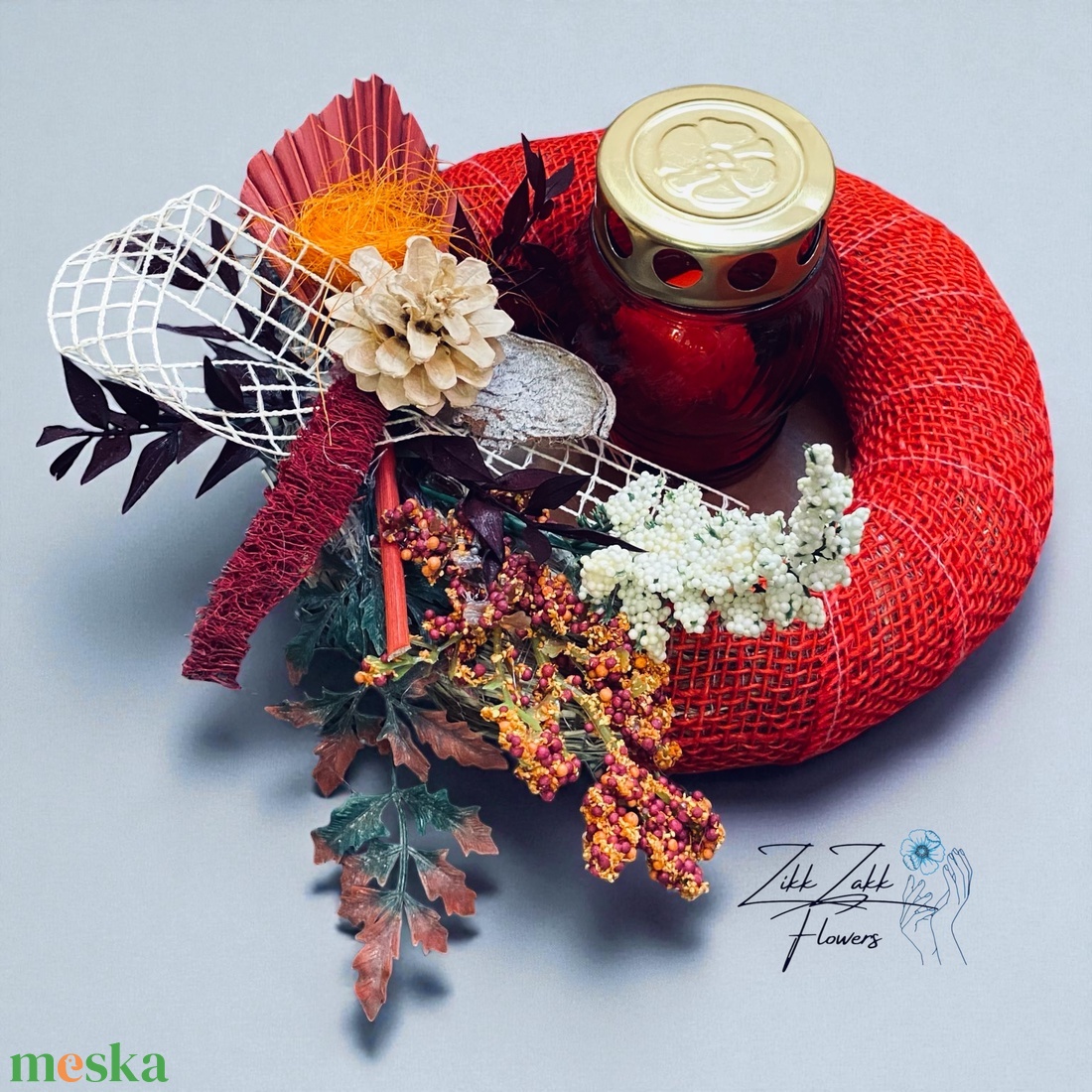 Vörös Kerek Mécses koszorú  Őszi Dekorral - otthon & életmód - vallás - temetkezési tárgy - temetői gyertyák, mécsesek - Meska.hu