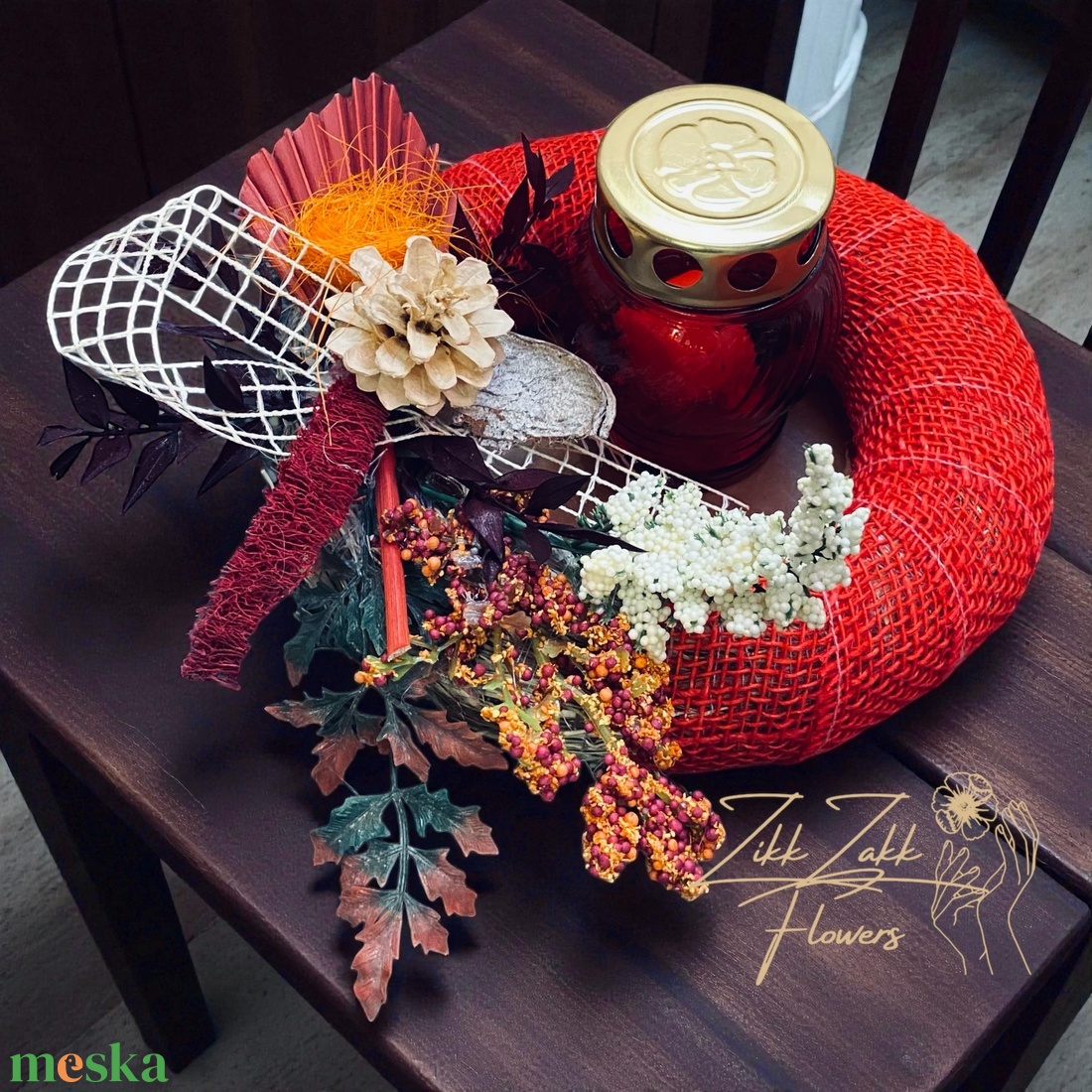 Vörös Kerek Mécses koszorú  Őszi Dekorral - otthon & életmód - vallás - temetkezési tárgy - temetői gyertyák, mécsesek - Meska.hu