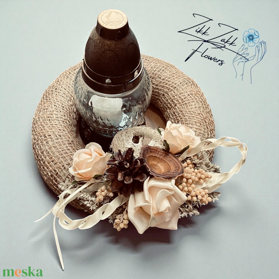 Bézs Rózsás Mécses koszorú  Natúr Színekben - otthon & életmód - vallás - temetkezési tárgy - temetői gyertyák, mécsesek - Meska.hu