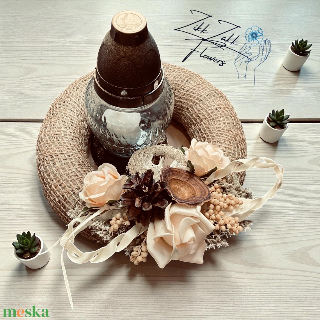 Bézs Rózsás Mécses koszorú  Natúr Színekben - otthon & életmód - vallás - temetkezési tárgy - temetői gyertyák, mécsesek - Meska.hu