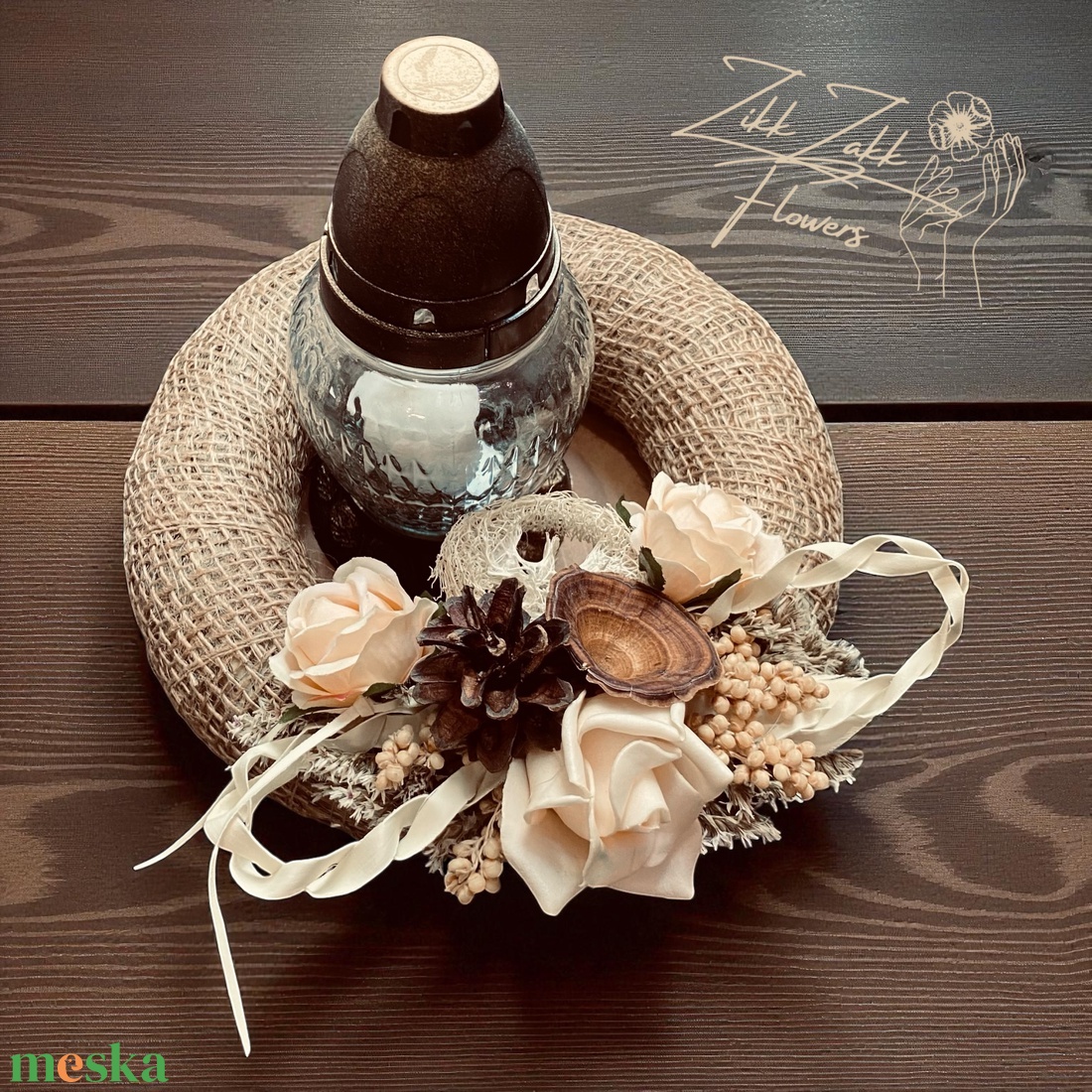 Bézs Rózsás Mécses koszorú  Natúr Színekben - otthon & életmód - vallás - temetkezési tárgy - temetői gyertyák, mécsesek - Meska.hu