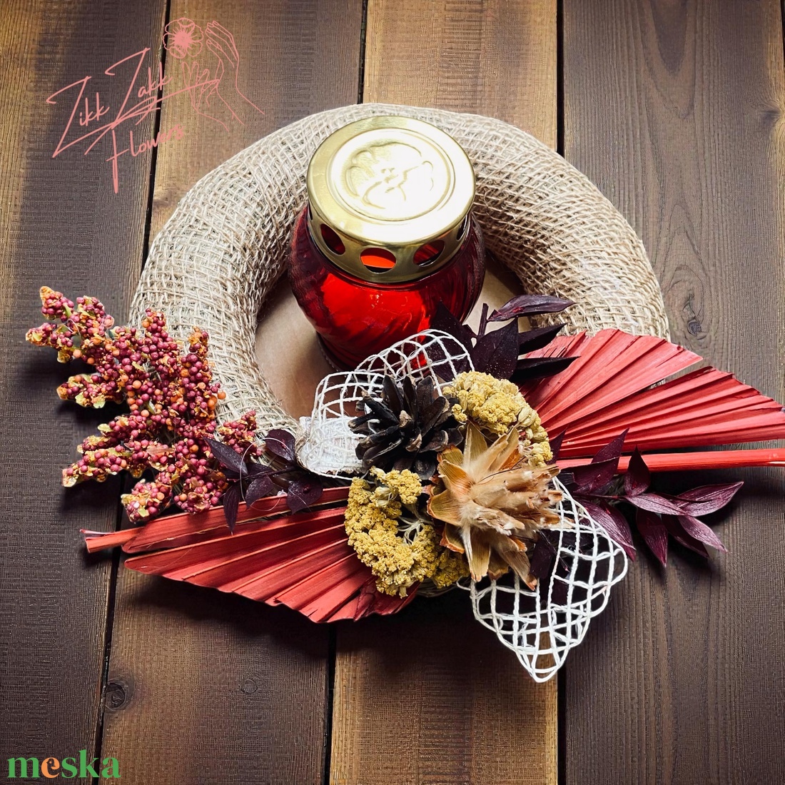 Őszi Koszorú  Bordó és Arany Díszítéssel - otthon & életmód - vallás - temetkezési tárgy - temetői gyertyák, mécsesek - Meska.hu