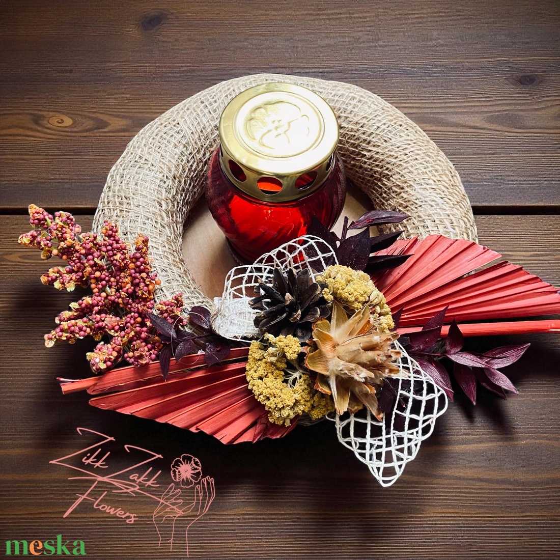 Őszi Koszorú  Bordó és Arany Díszítéssel - otthon & életmód - vallás - temetkezési tárgy - temetői gyertyák, mécsesek - Meska.hu