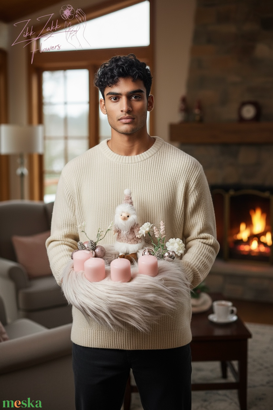 Rózsaszín Plüss Adventi Koszorú  Télapóval - karácsony - adventi díszek - adventi koszorú - Meska.hu