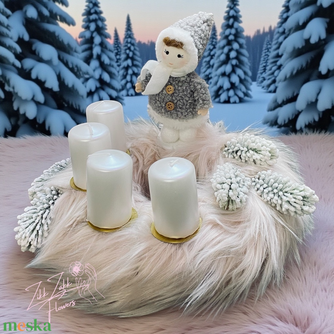 Fehér Adventi Koszorú  Téli Gyermek Figurával - karácsony - adventi díszek - adventi koszorú - Meska.hu