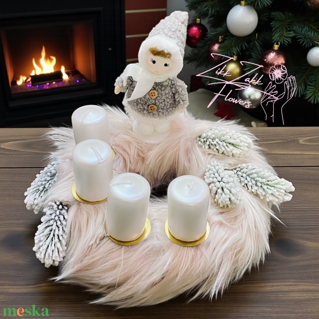 Fehér Adventi Koszorú  Téli Gyermek Figurával - karácsony - adventi díszek - adventi koszorú - Meska.hu