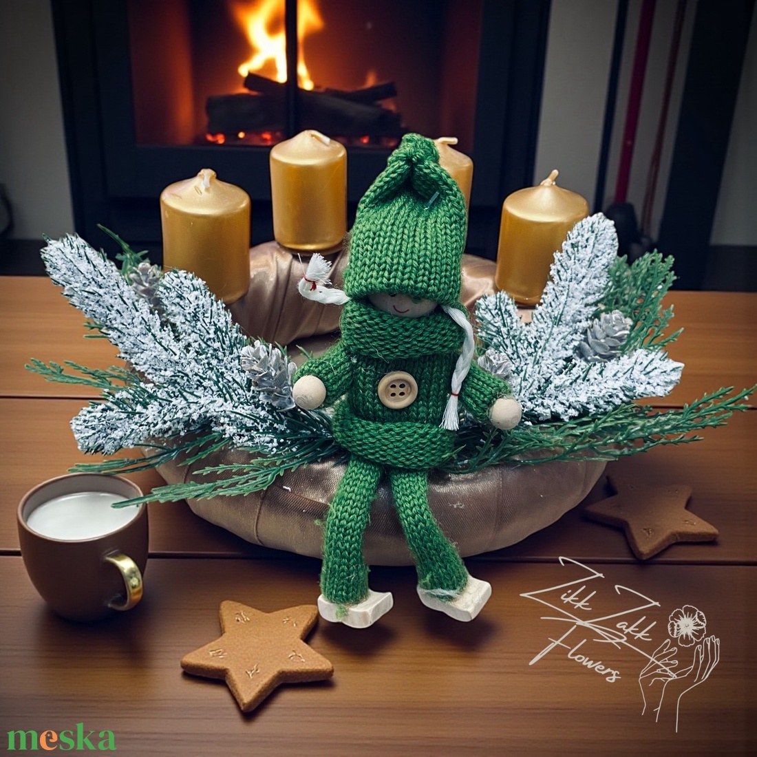 Zöld Téli Manós Adventi Koszorú  Arany Gyertyákkal - karácsony - adventi díszek - adventi koszorú - Meska.hu