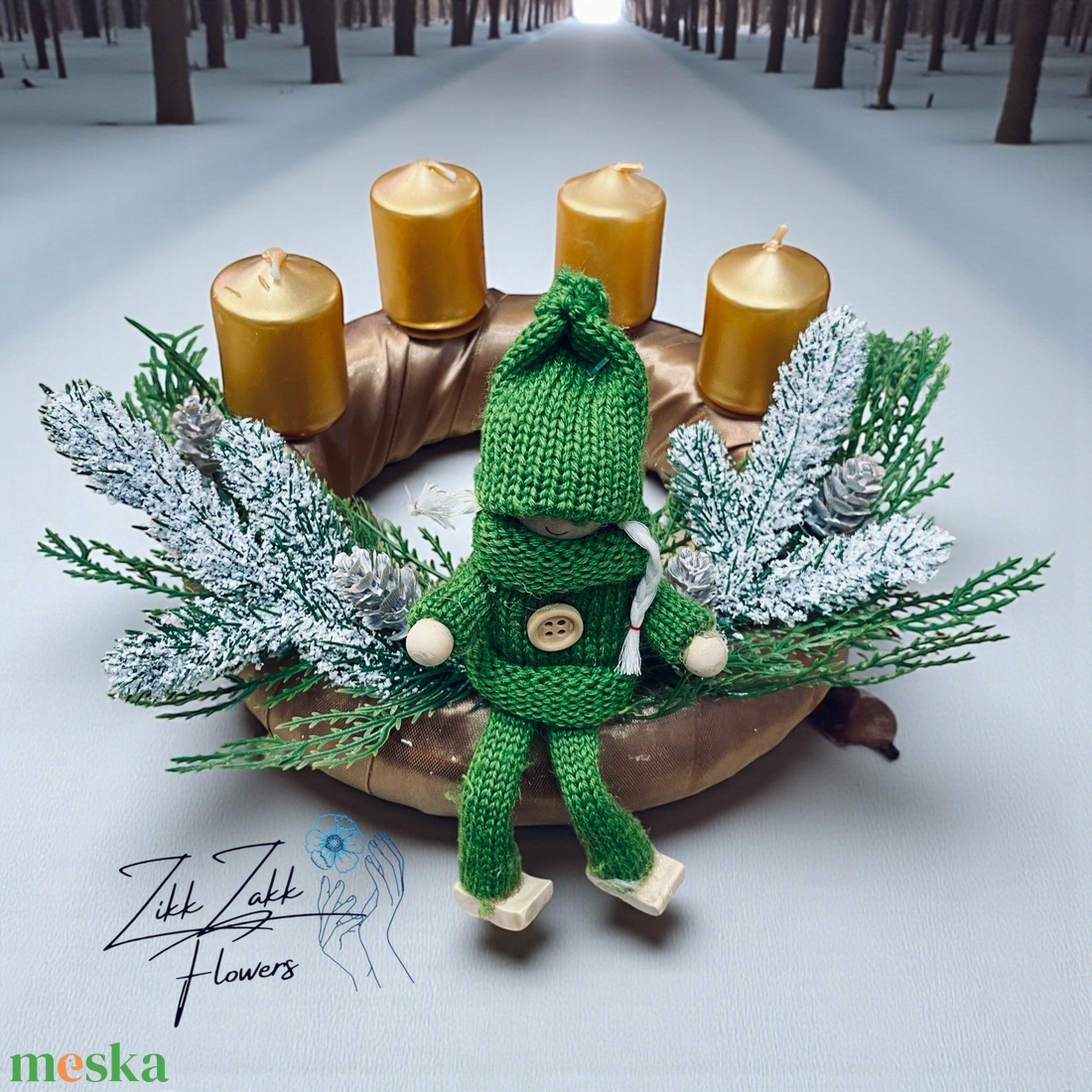 Zöld Téli Manós Adventi Koszorú  Arany Gyertyákkal - karácsony - adventi díszek - adventi koszorú - Meska.hu