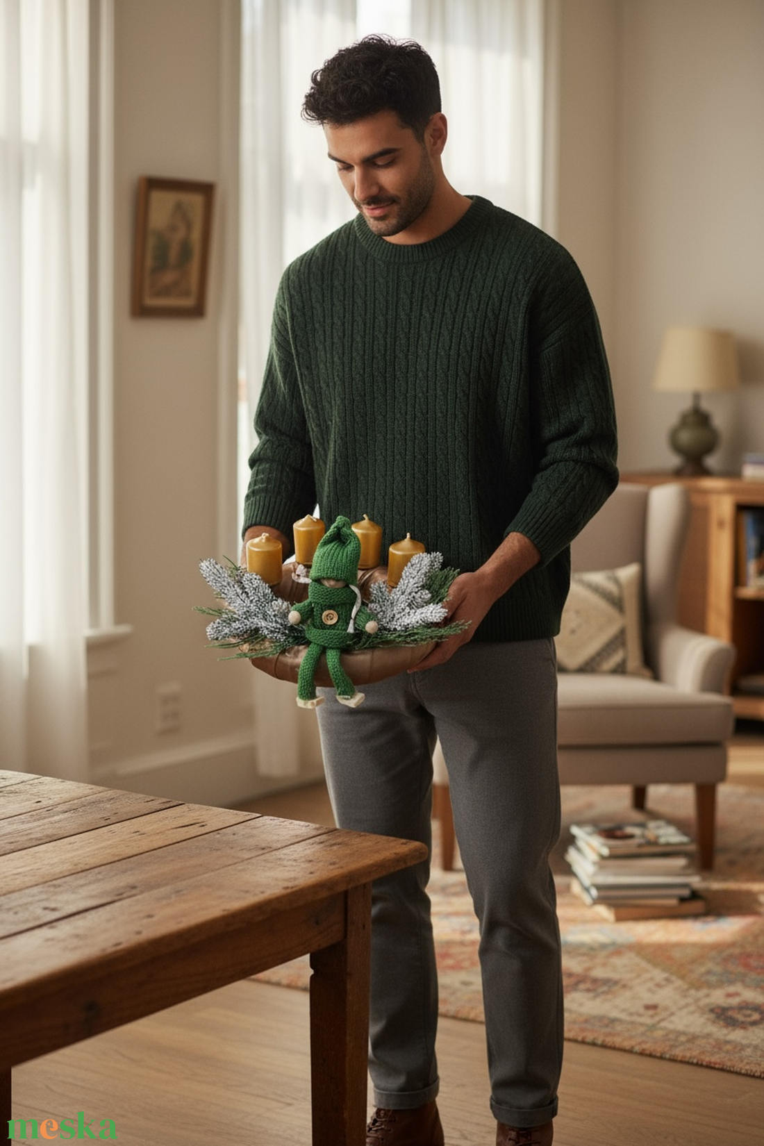 Zöld Téli Manós Adventi Koszorú  Arany Gyertyákkal - karácsony - adventi díszek - adventi koszorú - Meska.hu