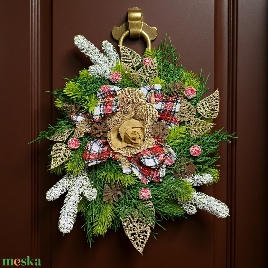 Karácsonyi Ajtódísz  Természetes Hangulatban, Skót Masnival - karácsony - karácsonyi lakásdekoráció - karácsonyi ajtódíszek - Meska.hu