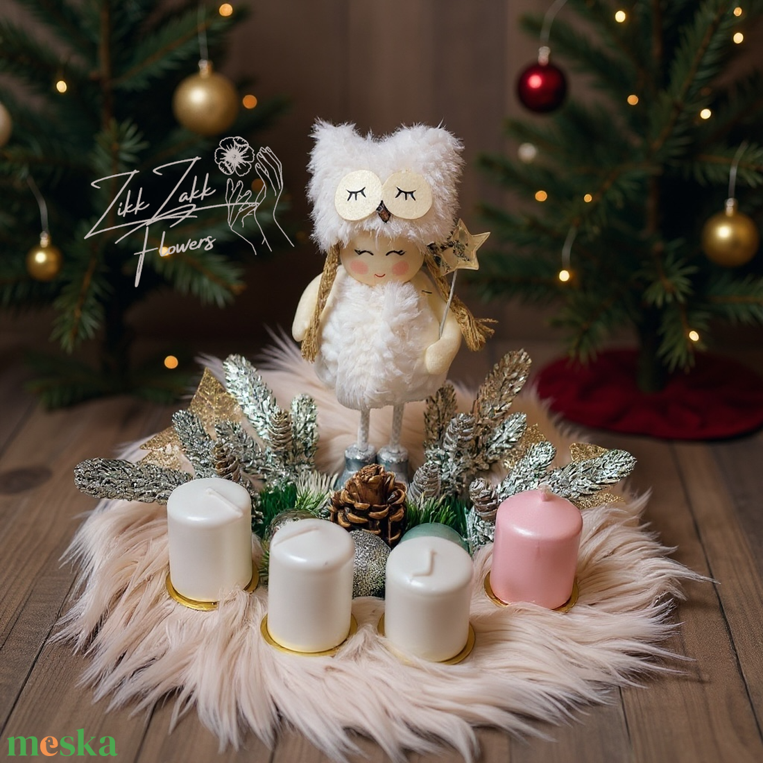 Adventi Koszorú  Téli Angyalka és Pasztell Gyertyák Díszítéssel - karácsony - adventi díszek - adventi asztaldísz - Meska.hu