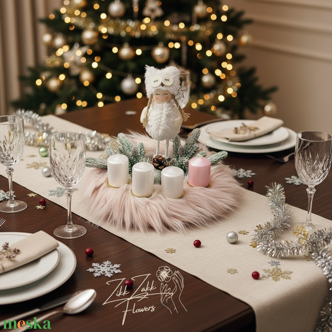 Adventi Koszorú  Téli Angyalka és Pasztell Gyertyák Díszítéssel - karácsony - adventi díszek - adventi asztaldísz - Meska.hu