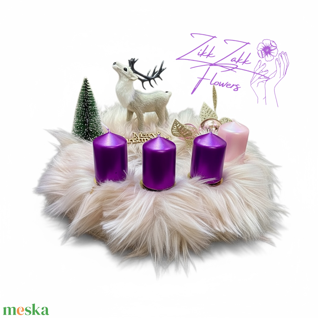 Adventi Koszorú  Fehér Szarvassal és Lila Gyertyákkal - karácsony - adventi díszek - adventi koszorú - Meska.hu
