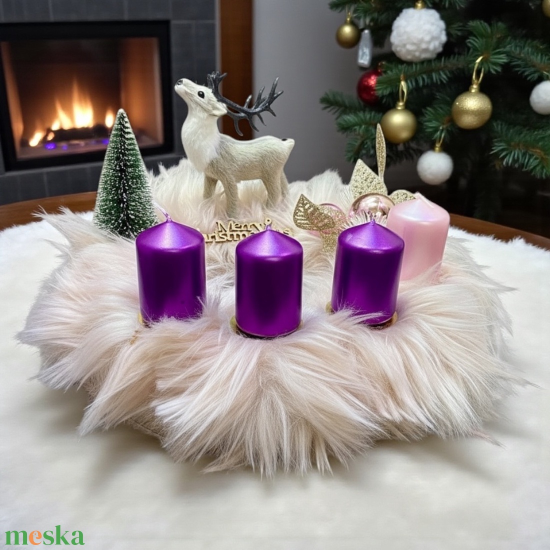 Adventi Koszorú  Fehér Szarvassal és Lila Gyertyákkal - karácsony - adventi díszek - adventi koszorú - Meska.hu