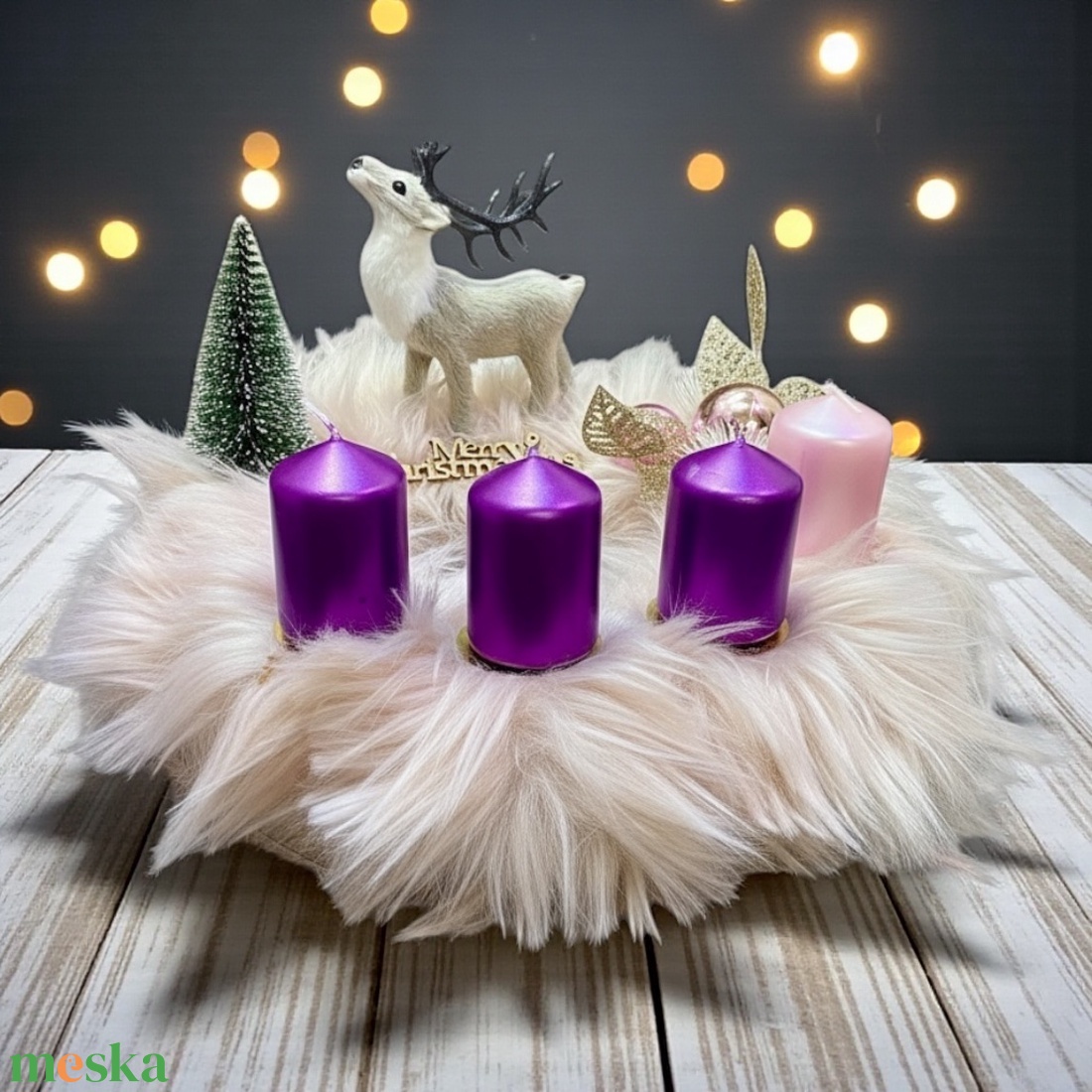 Adventi Koszorú  Fehér Szarvassal és Lila Gyertyákkal - karácsony - adventi díszek - adventi koszorú - Meska.hu