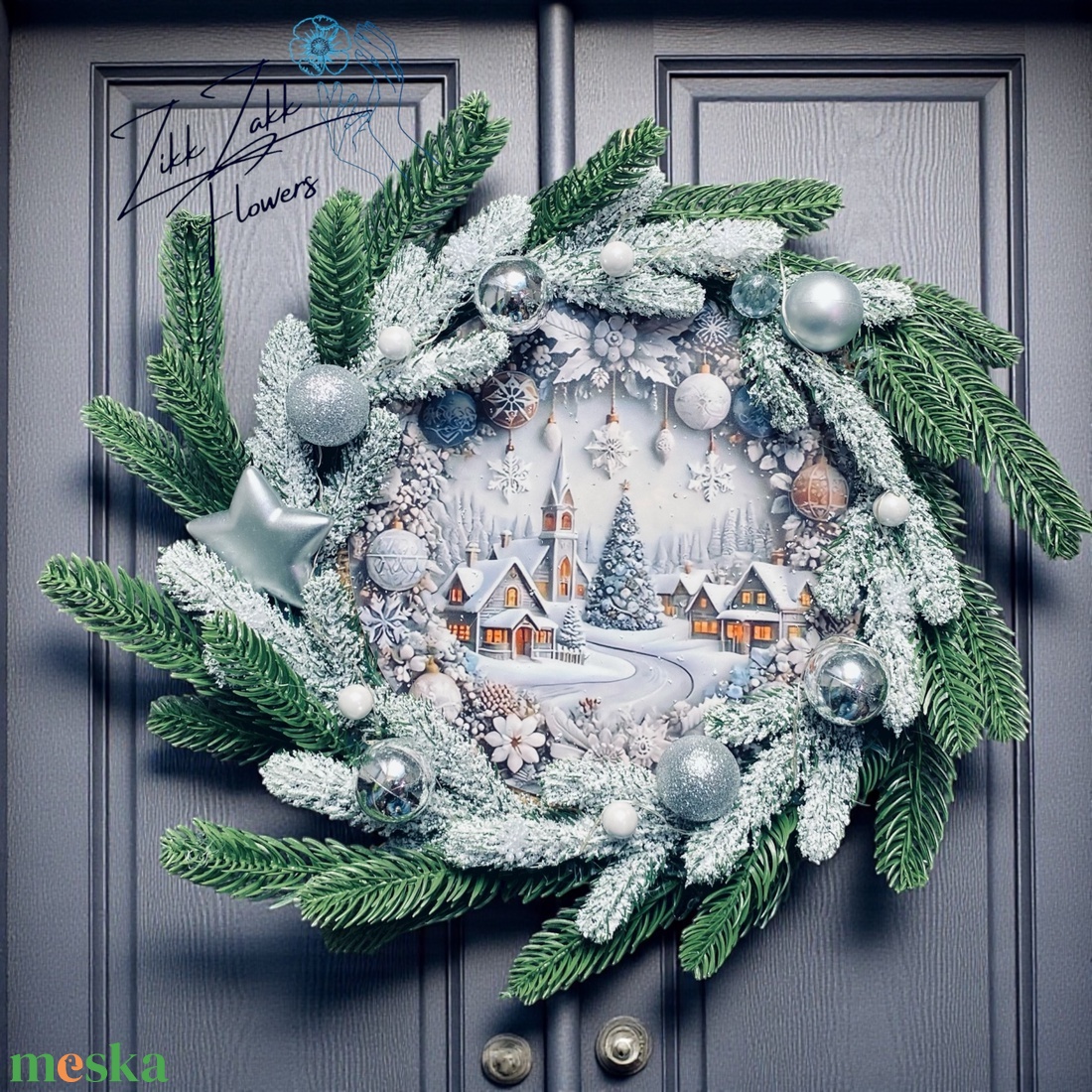 Ajtódísz LED-es  Téli falu ezüst díszekkel - otthon & életmód - dekoráció - ajtó- és ablak dekoráció - ajtódísz & kopogtató - Meska.hu