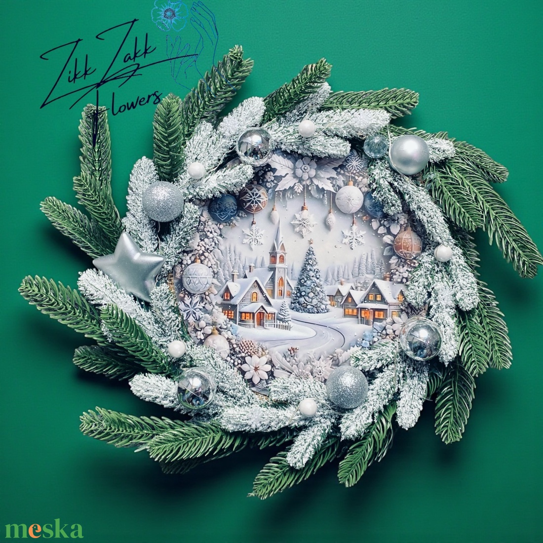 Ajtódísz LED-es  Téli falu ezüst díszekkel - otthon & életmód - dekoráció - ajtó- és ablak dekoráció - ajtódísz & kopogtató - Meska.hu