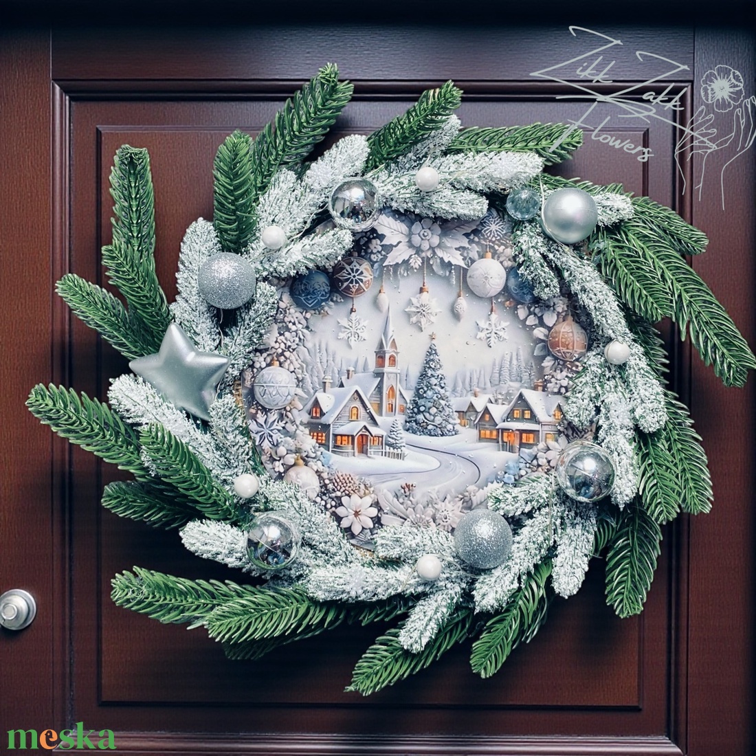 Ajtódísz LED-es  Téli falu ezüst díszekkel - otthon & életmód - dekoráció - ajtó- és ablak dekoráció - ajtódísz & kopogtató - Meska.hu