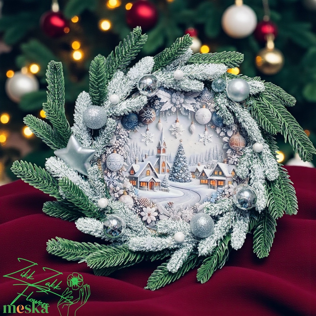 Ajtódísz LED-es  Téli falu ezüst díszekkel - otthon & életmód - dekoráció - ajtó- és ablak dekoráció - ajtódísz & kopogtató - Meska.hu