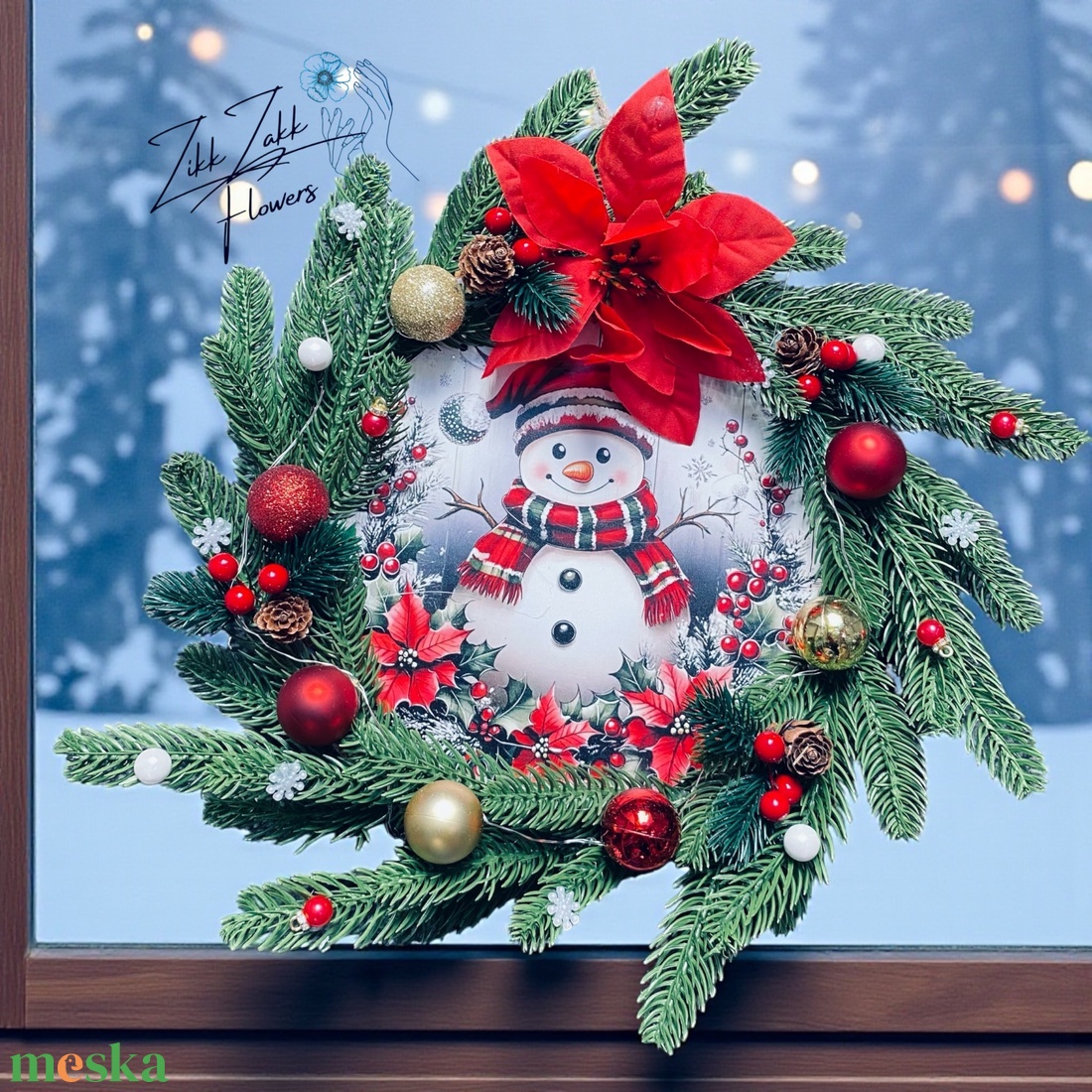 Ajtódísz LED-es  Havas hóember piros-arany díszekkel - karácsony - adventi díszek - adventi ajtódísz - Meska.hu