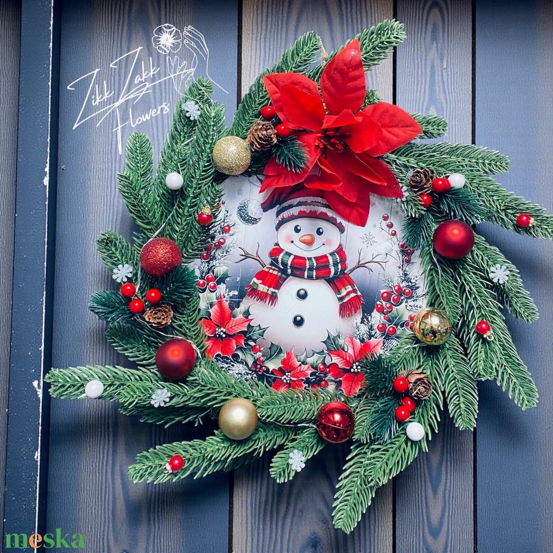 Ajtódísz LED-es  Havas hóember piros-arany díszekkel - karácsony - adventi díszek - adventi ajtódísz - Meska.hu