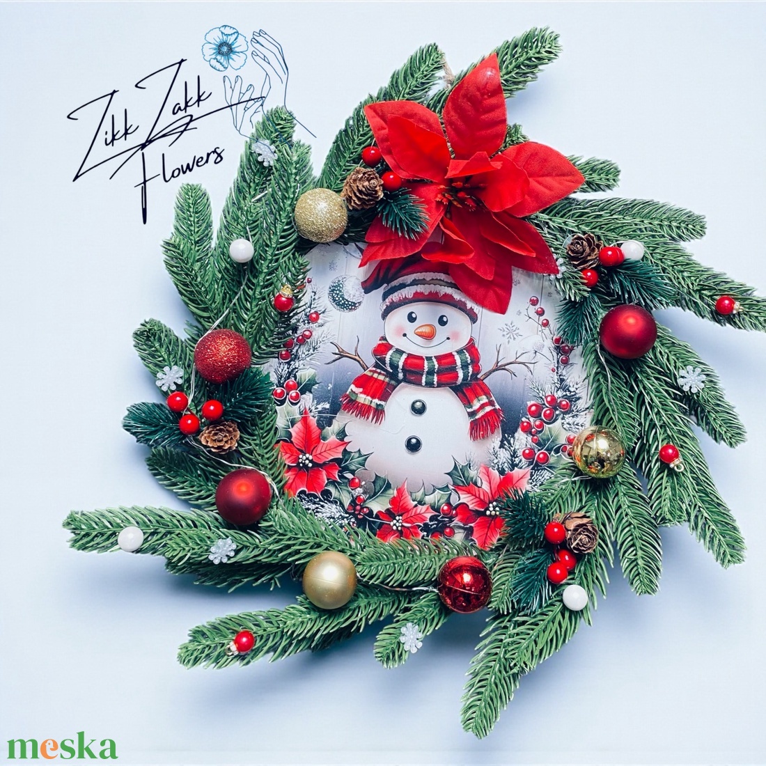 Ajtódísz LED-es  Havas hóember piros-arany díszekkel - karácsony - adventi díszek - adventi ajtódísz - Meska.hu